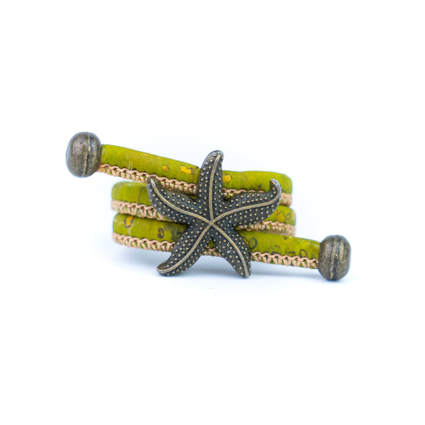 Handcrafted women's ring with natural cork cord and bronze starfish alloy hardware  RW-042-MIX-10