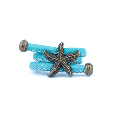 Handcrafted women's ring with natural cork cord and bronze starfish alloy hardware  RW-042-MIX-10