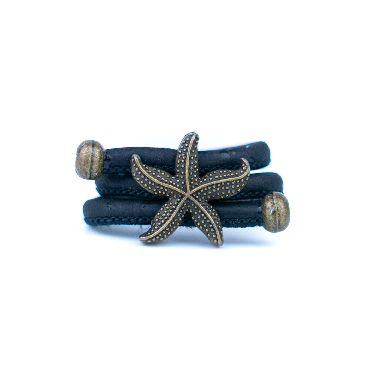 Handcrafted women's ring with natural cork cord and bronze starfish alloy hardware  RW-042-MIX-10
