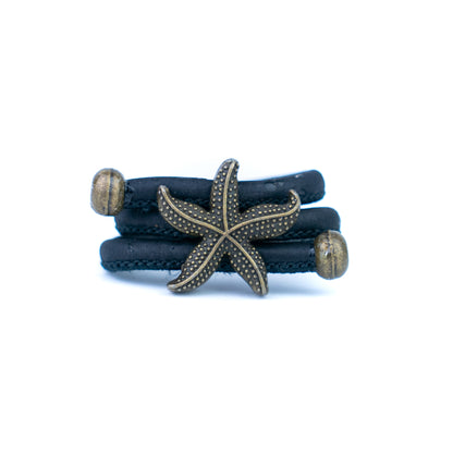 Handcrafted women's ring with natural cork cord and bronze starfish alloy hardware  RW-042-MIX-10