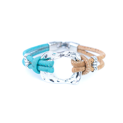 5pcs-Pack Cork Bracelet Set with Metal Ring – Natural Two-Tone Design Unisex Natural Style BR-448-MIX-5