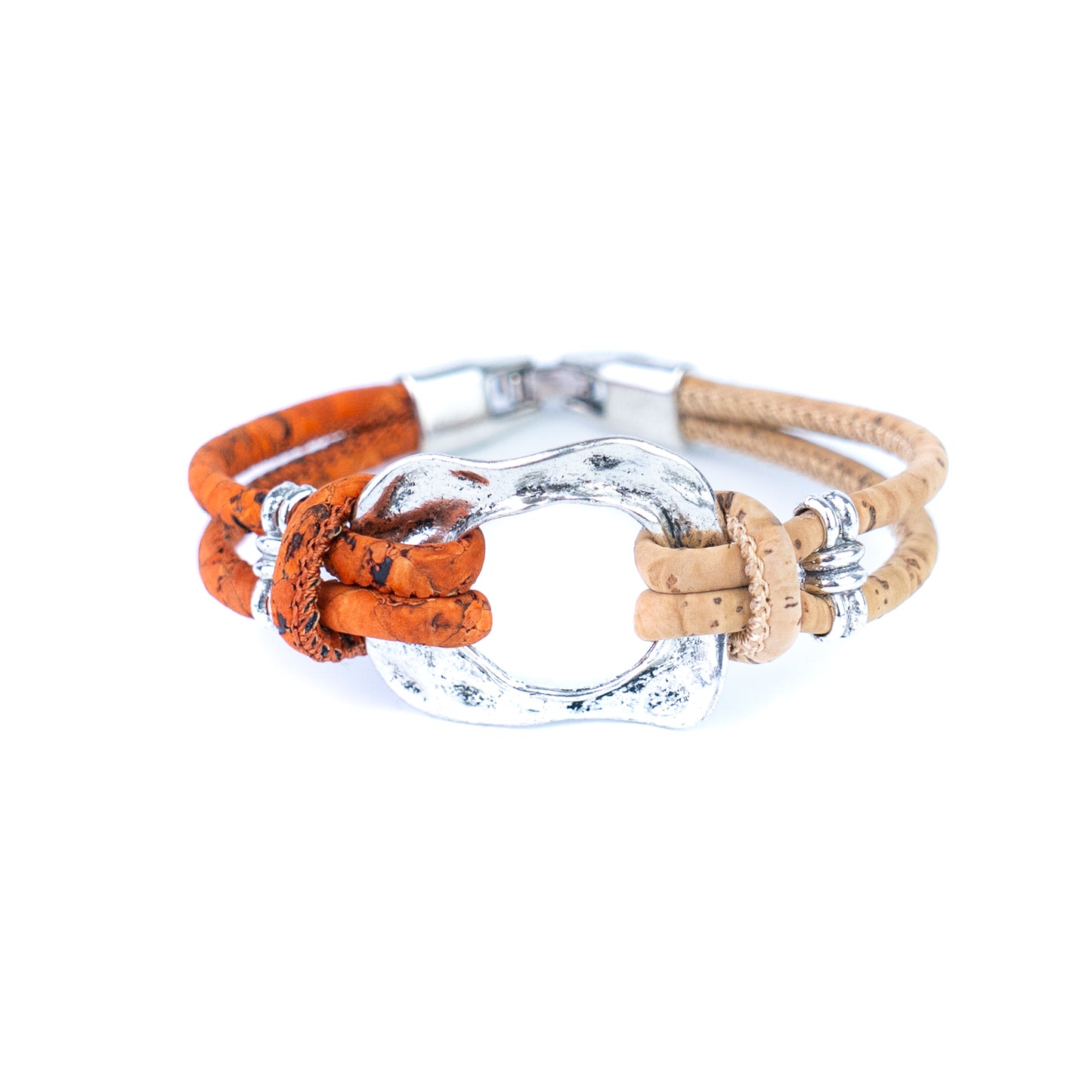 5pcs-Pack Cork Bracelet Set with Metal Ring – Natural Two-Tone Design Unisex Natural Style BR-448-MIX-5