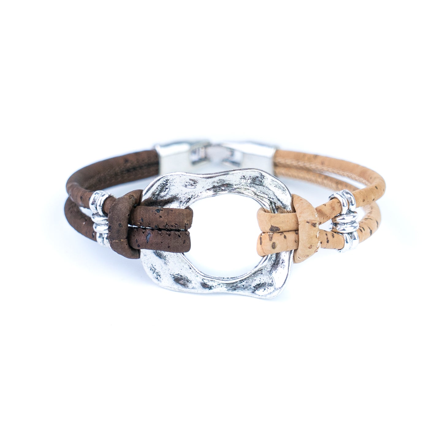 5pcs-Pack Cork Bracelet Set with Metal Ring – Natural Two-Tone Design Unisex Natural Style BR-448-MIX-5