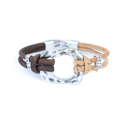 5pcs-Pack Cork Bracelet Set with Metal Ring – Natural Two-Tone Design Unisex Natural Style BR-448-MIX-5