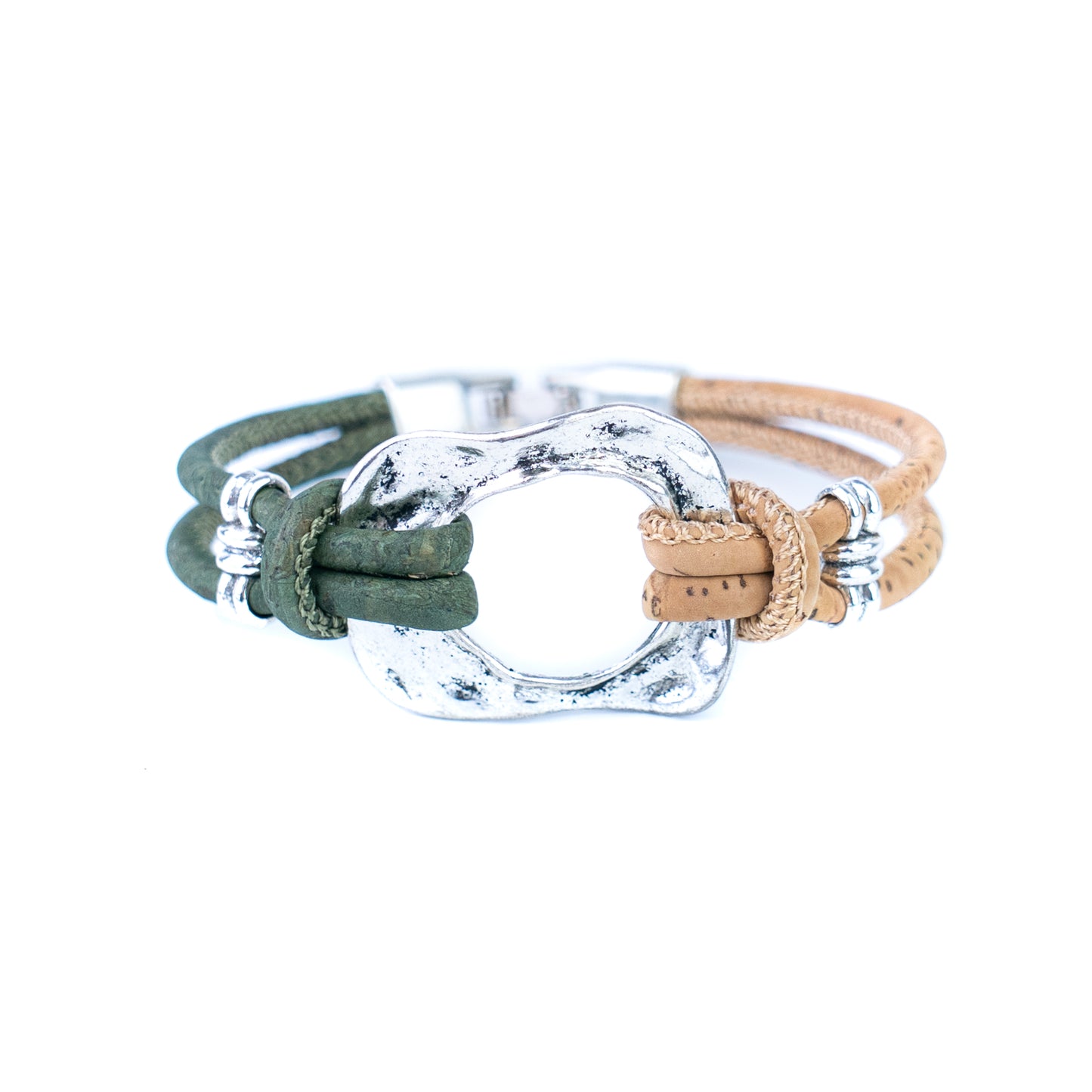 5pcs-Pack Cork Bracelet Set with Metal Ring – Natural Two-Tone Design Unisex Natural Style BR-448-MIX-5