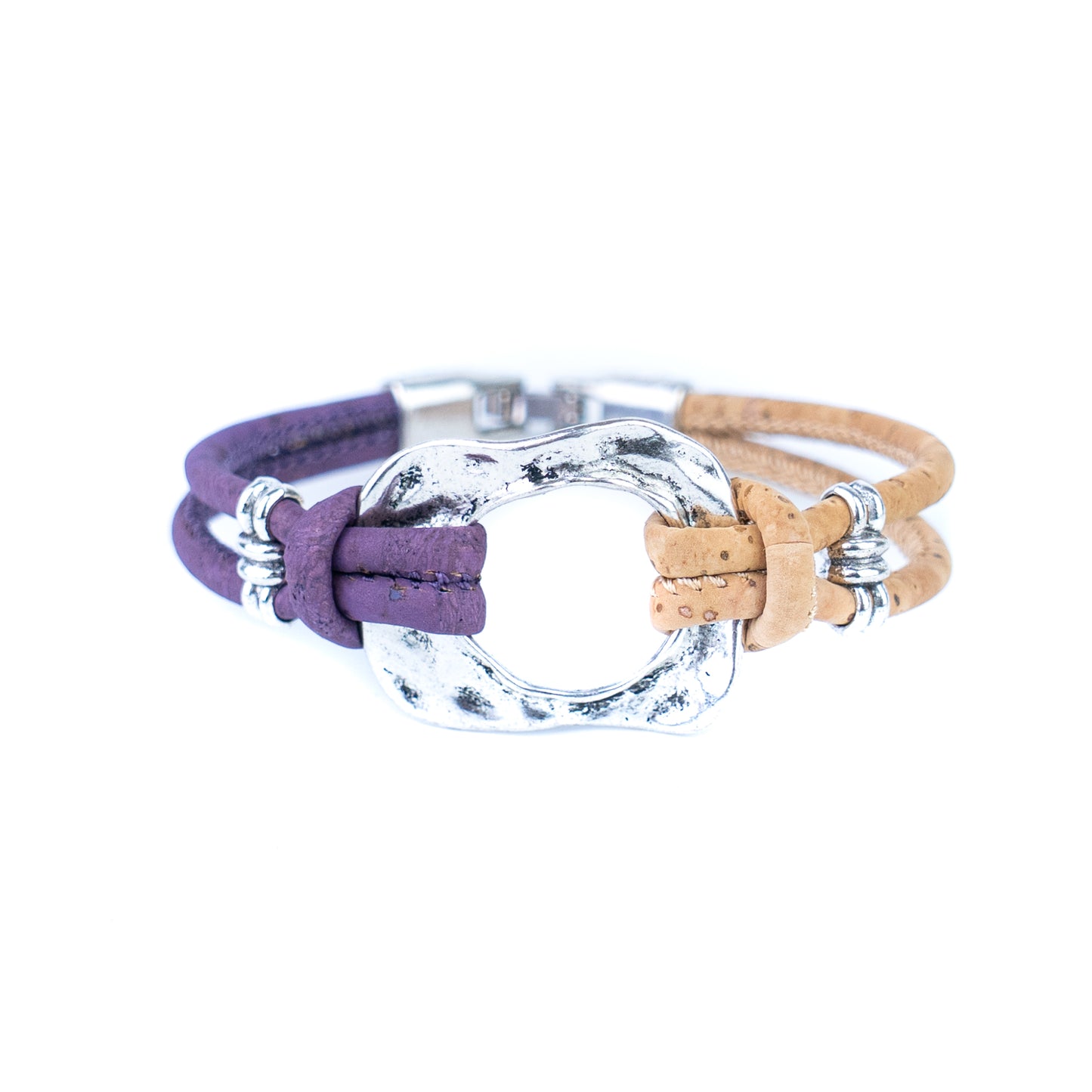 5pcs-Pack Cork Bracelet Set with Metal Ring – Natural Two-Tone Design Unisex Natural Style BR-448-MIX-5