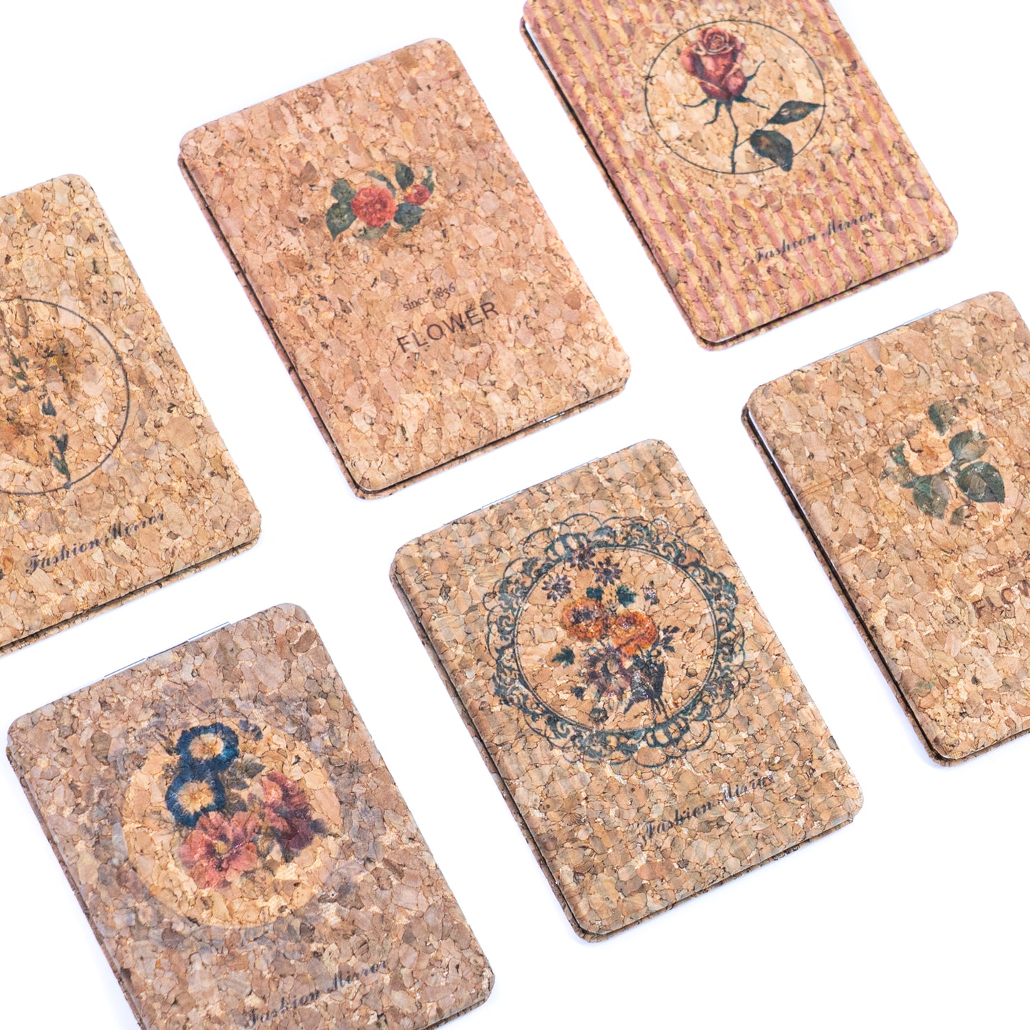 Eco-Friendly Cork Compact Mirror with Vintage Floral Print (12-Pack) L-1175-12