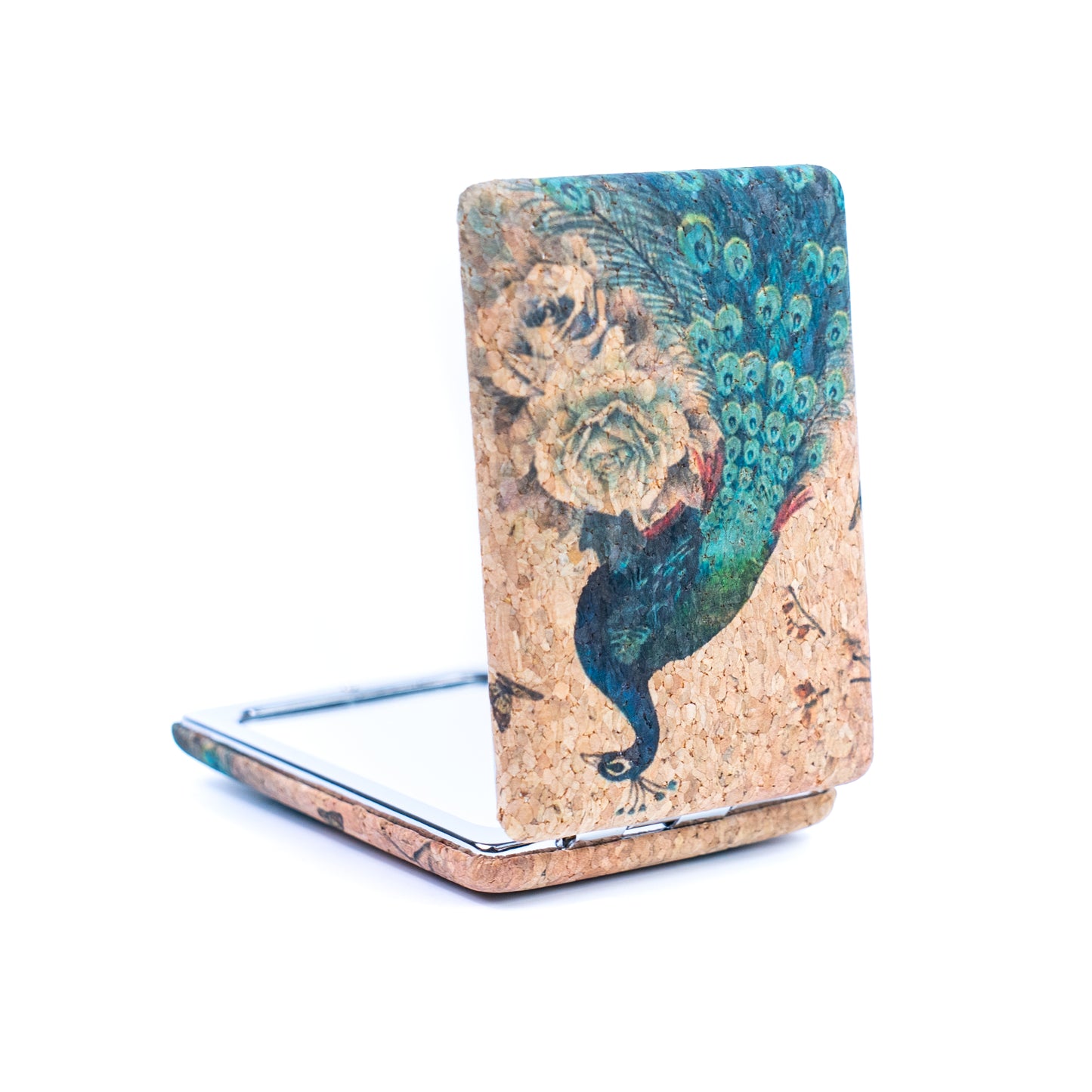 Eco-Friendly Cork Compact Mirror with Peacock Illustration L-1177-12
