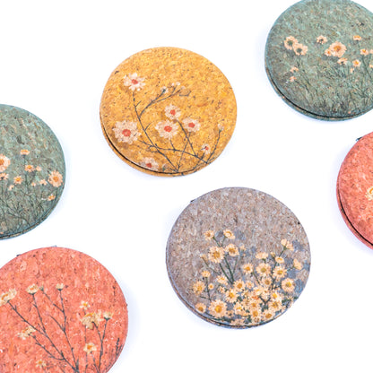 Round Natural Cork Compact Mirror – Floral Design L-1178-12