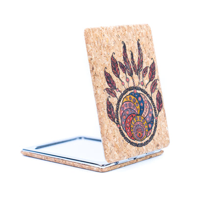 Eco-Friendly Cork Compact Mirror with Dreamcatcher Artwork L-1179-12