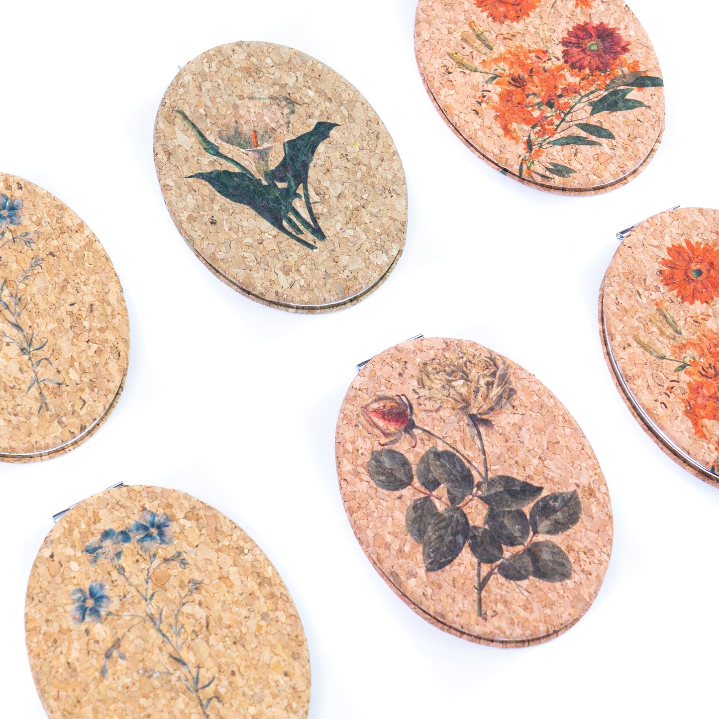 Cork Floral Compact Mirror – Oval Double-Sided Pocket Mirror L-1181-12