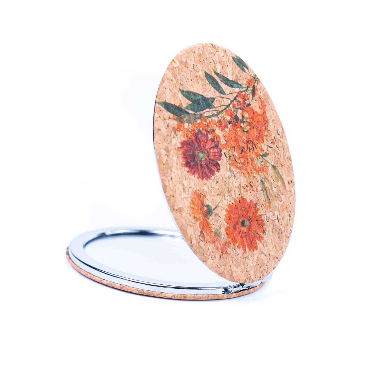 Cork Floral Compact Mirror – Oval Double-Sided Pocket Mirror L-1181-12
