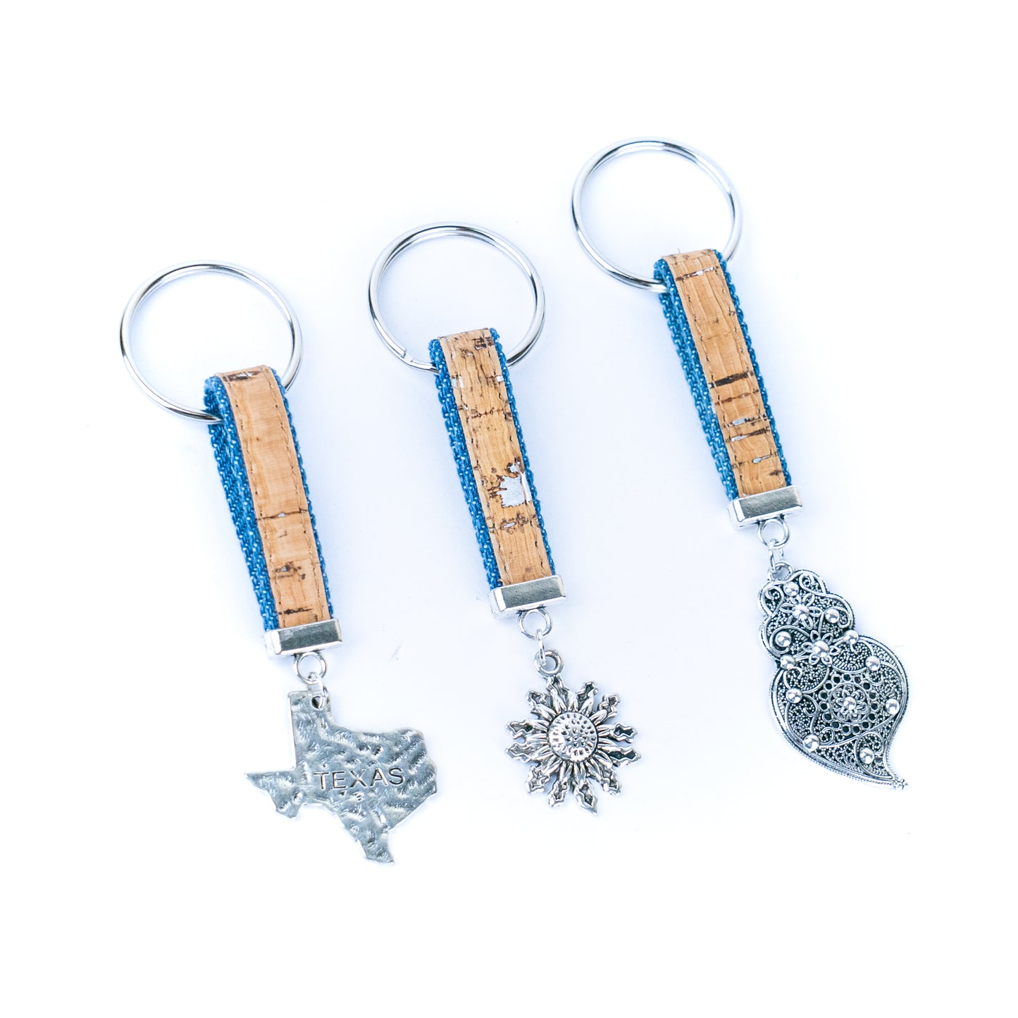 Handmade denim and cork cord keychains, randomly mixed pack  SI-001-MIX-10