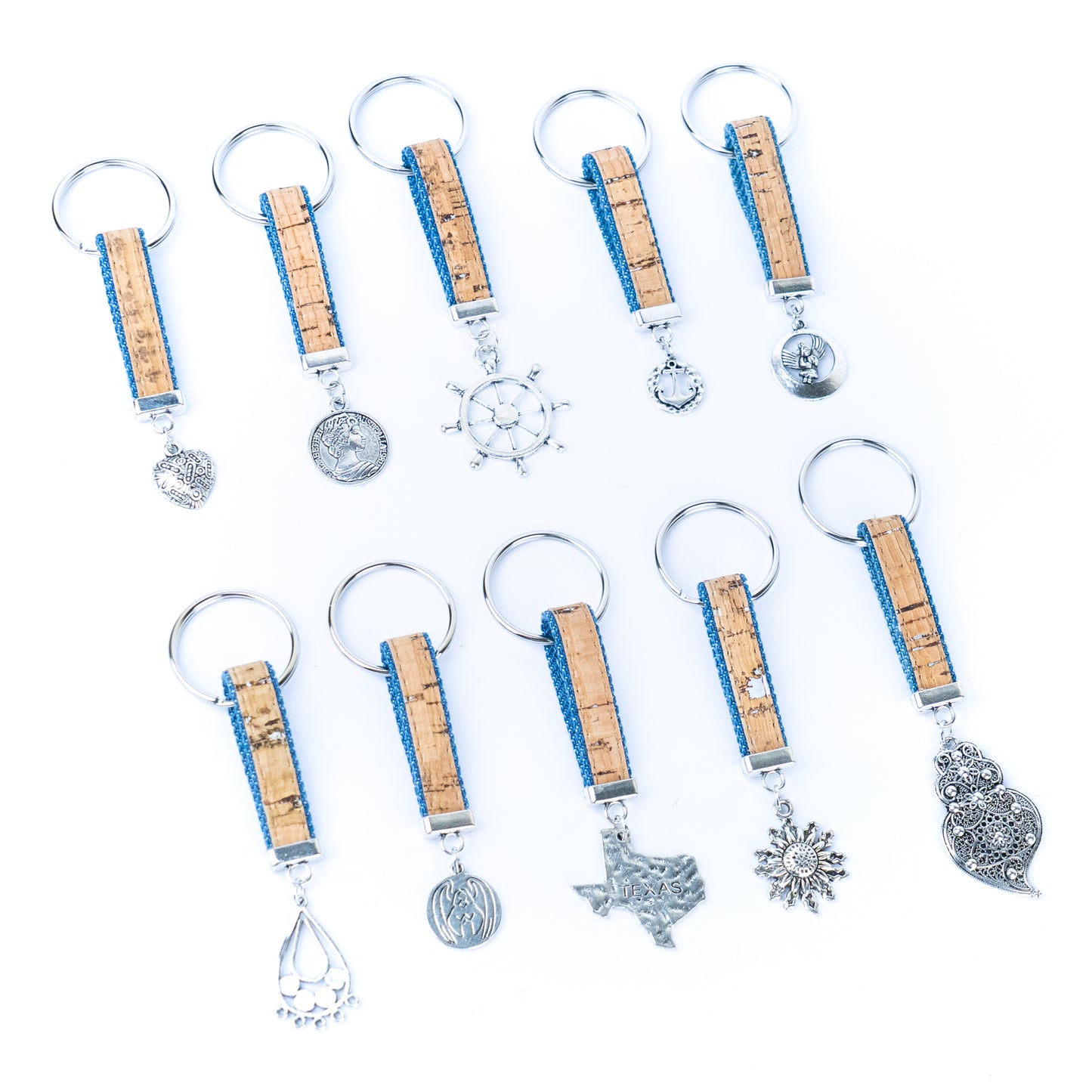 Handmade denim and cork cord keychains, randomly mixed pack  SI-001-MIX-10