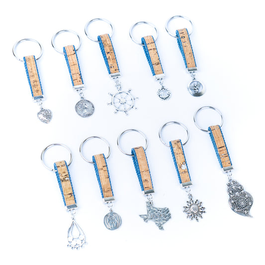 Handmade denim and cork cord keychains, randomly mixed pack  SI-001-MIX-10