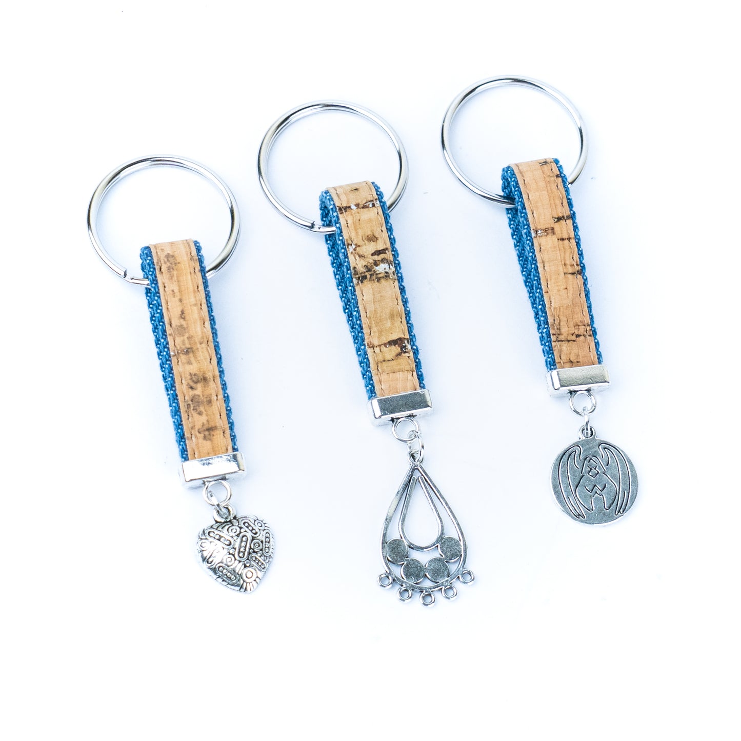 Handmade denim and cork cord keychains, randomly mixed pack  SI-001-MIX-10