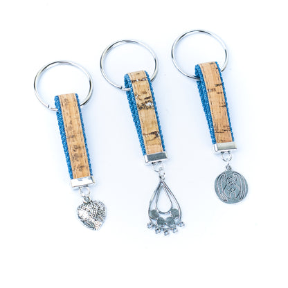 Handmade denim and cork cord keychains, randomly mixed pack  SI-001-MIX-10