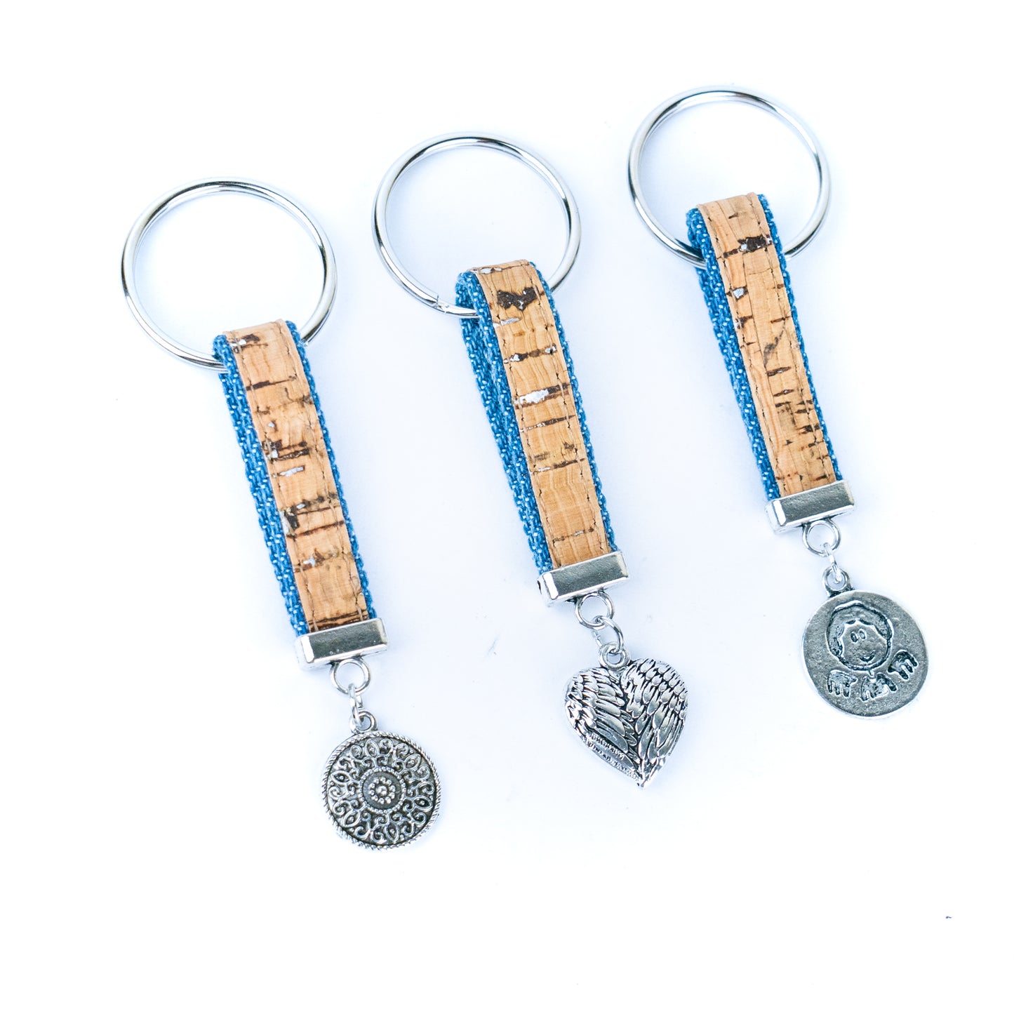 Handmade denim and cork cord keychains, randomly mixed pack  SI-001-MIX-10