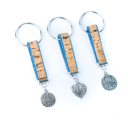 Handmade denim and cork cord keychains, randomly mixed pack  SI-001-MIX-10