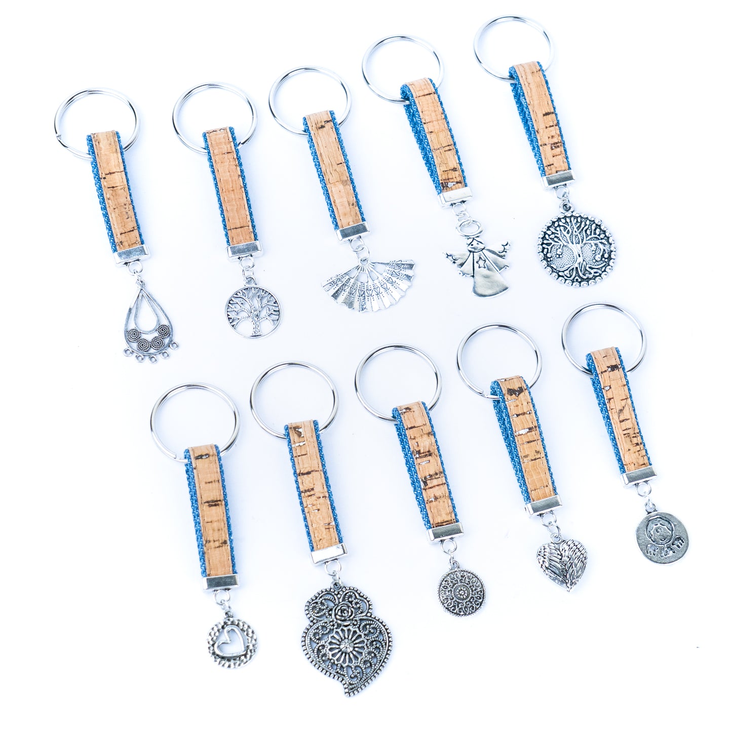 Handmade denim and cork cord keychains, randomly mixed pack  SI-001-MIX-10