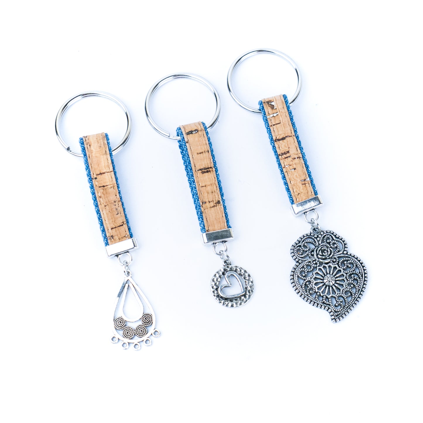 Handmade denim and cork cord keychains, randomly mixed pack  SI-001-MIX-10