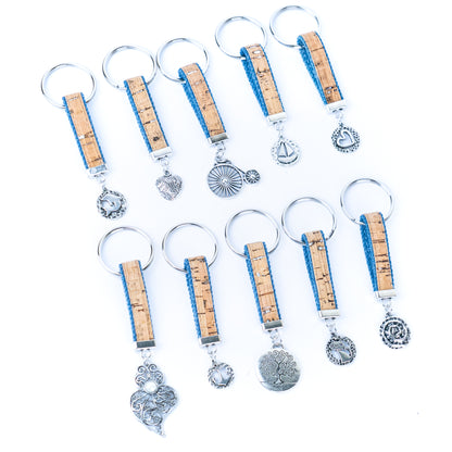 Handmade denim and cork cord keychains, randomly mixed pack  SI-001-MIX-10