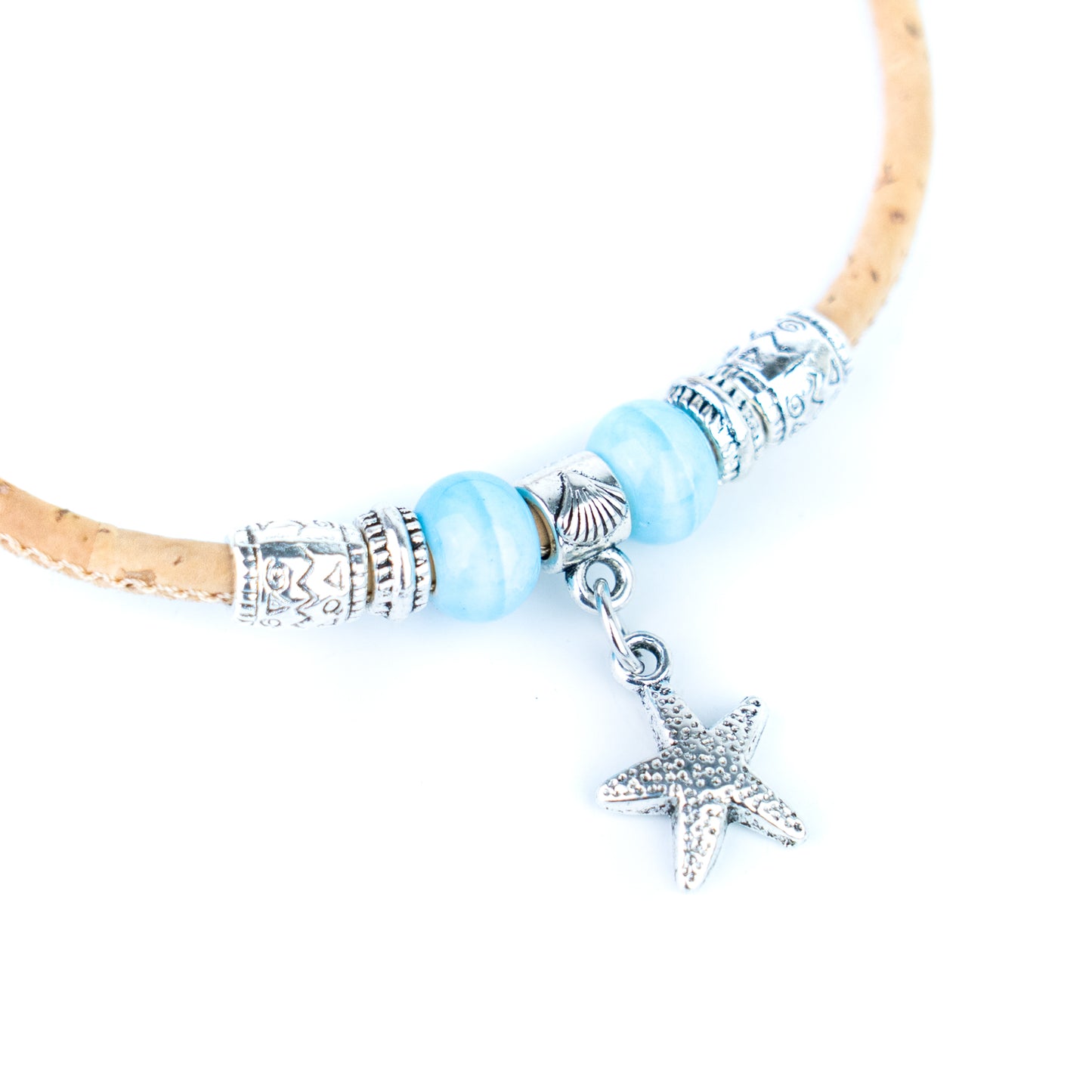 Portuguese Handmade Adjustable Cork Bracelet with Ceramic Beads & Starfish Charm -  BR-540-MIX-8