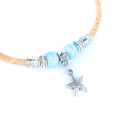 Portuguese Handmade Adjustable Cork Bracelet with Ceramic Beads & Starfish Charm -  BR-540-MIX-8
