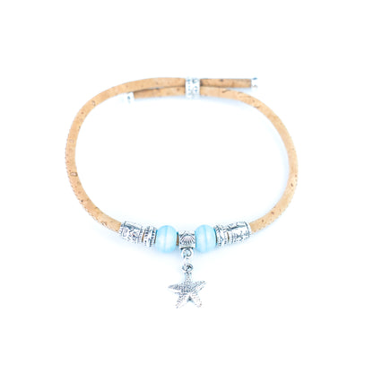 Portuguese Handmade Adjustable Cork Bracelet with Ceramic Beads & Starfish Charm -  BR-540-MIX-8
