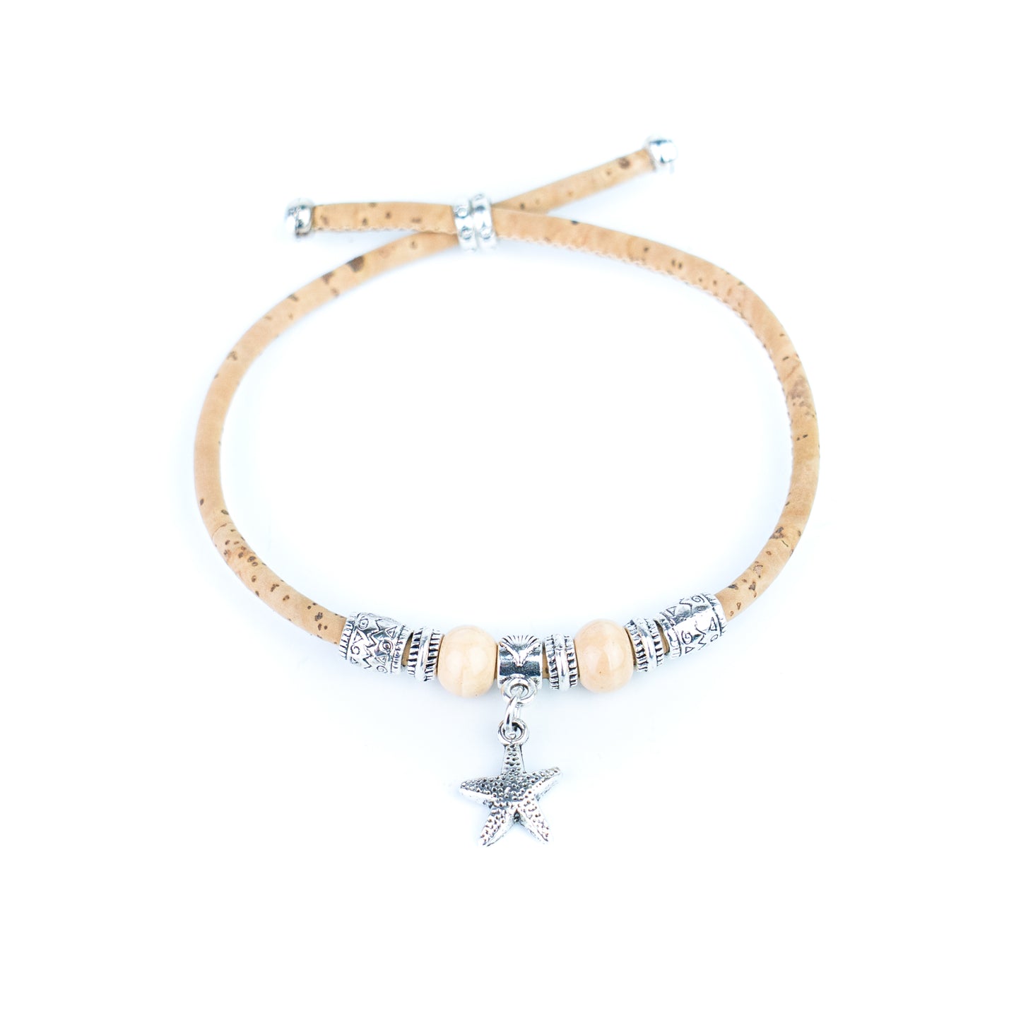 Portuguese Handmade Adjustable Cork Bracelet with Ceramic Beads & Starfish Charm -  BR-540-MIX-8