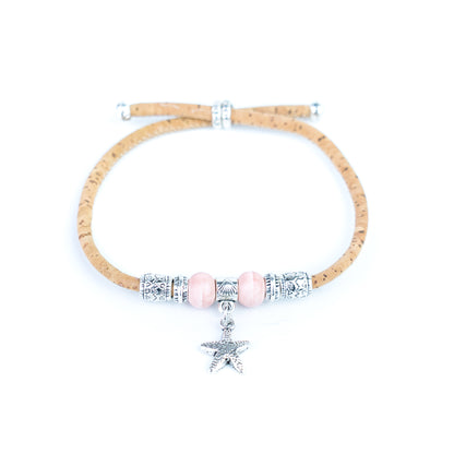Portuguese Handmade Adjustable Cork Bracelet with Ceramic Beads & Starfish Charm -  BR-540-MIX-8