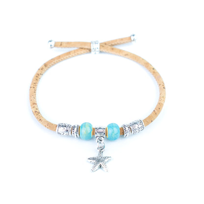 Portuguese Handmade Adjustable Cork Bracelet with Ceramic Beads & Starfish Charm -  BR-540-MIX-8