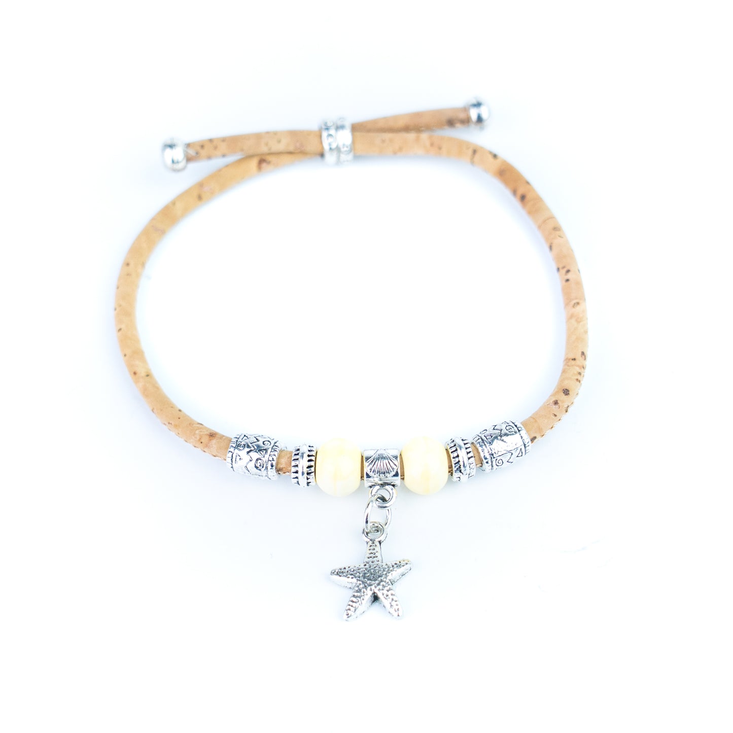 Portuguese Handmade Adjustable Cork Bracelet with Ceramic Beads & Starfish Charm -  BR-540-MIX-8