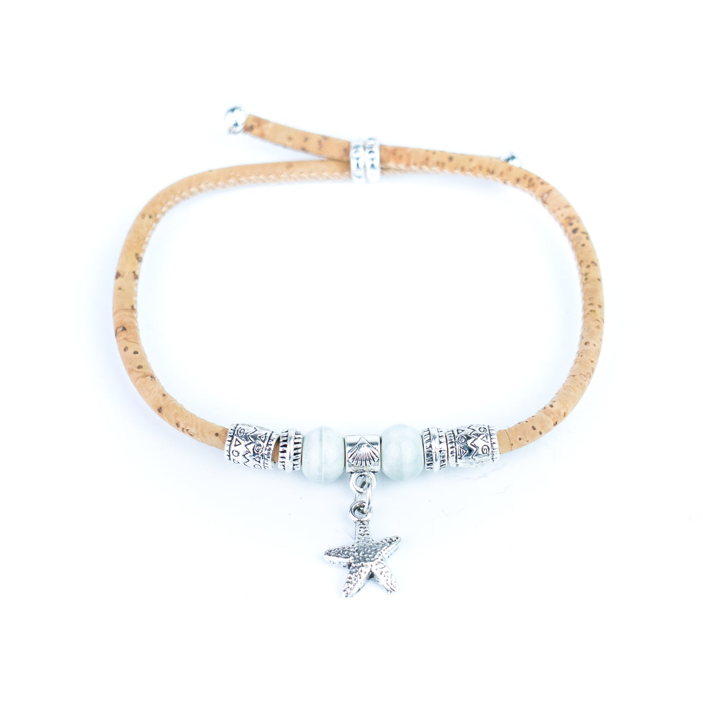 Portuguese Handmade Adjustable Cork Bracelet with Ceramic Beads & Starfish Charm -  BR-540-MIX-8