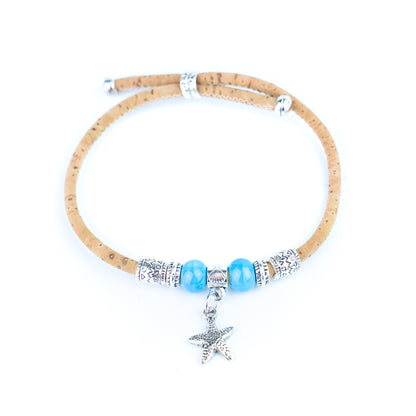 Portuguese Handmade Adjustable Cork Bracelet with Ceramic Beads & Starfish Charm -  BR-540-MIX-8
