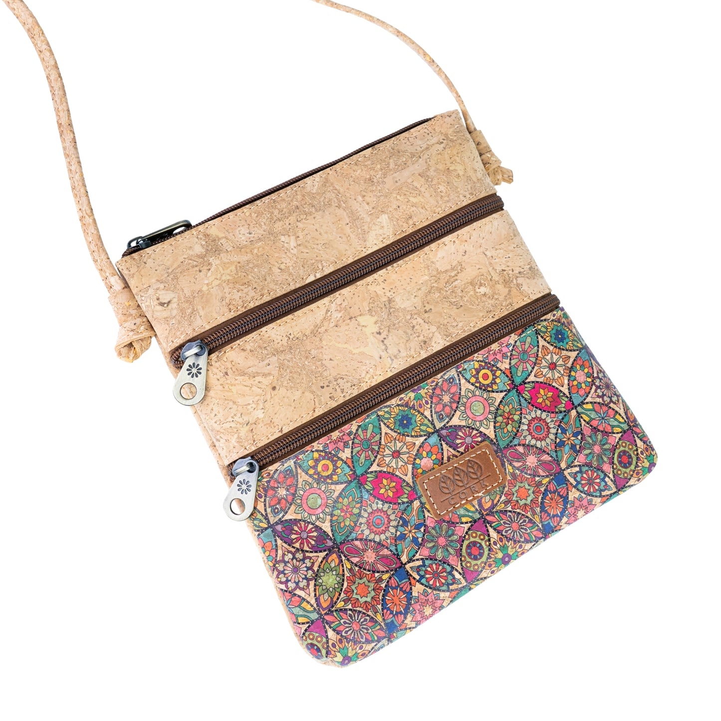 Printed Cork Crossbody Bag with Multiple Zip Compartments BAGD-656