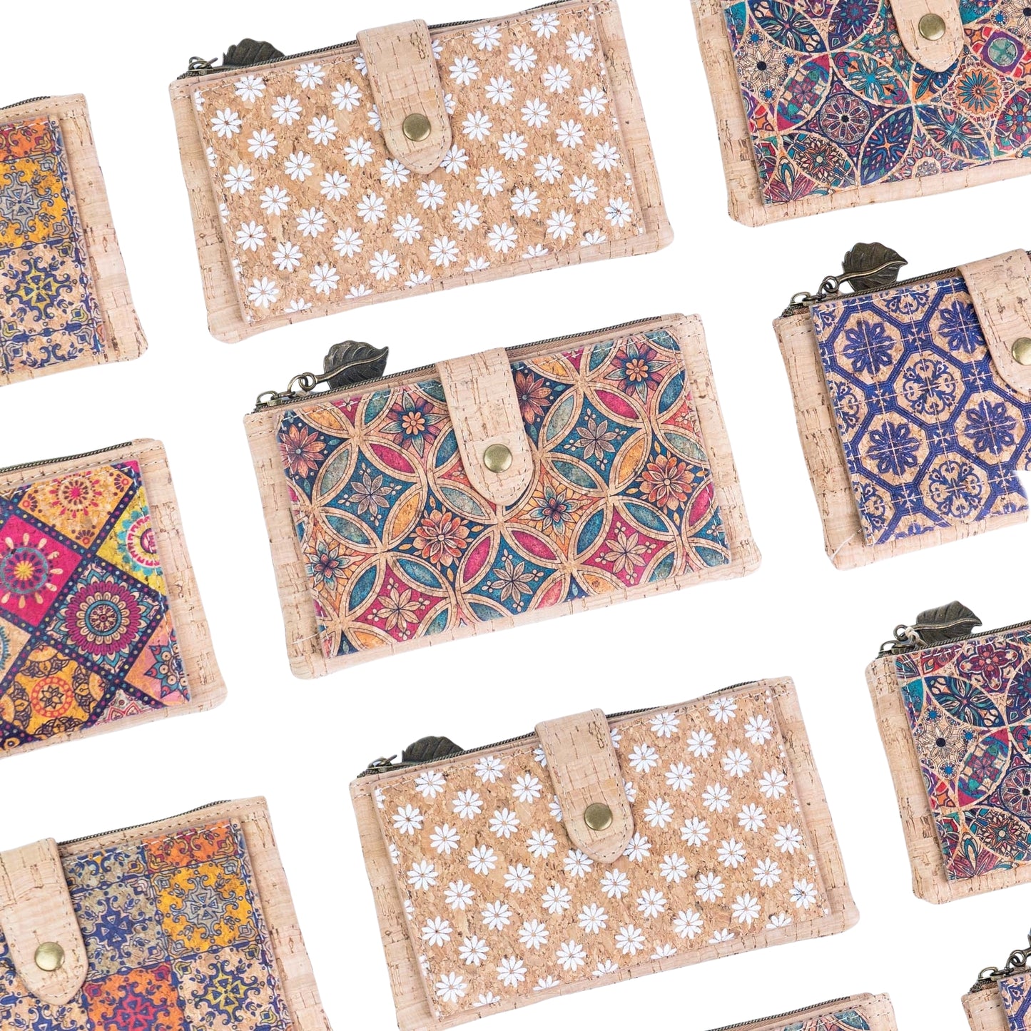 6pcs | Cork Long Wallet | Boho Print, Multi-Card & Zip Coin Pocket BAGD-633