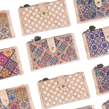 6pcs | Cork Long Wallet | Boho Print, Multi-Card & Zip Coin Pocket BAGD-633