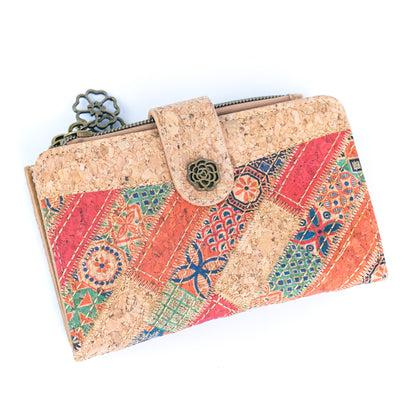 7-Pack Patchwork Cork Wallet | Boho Print, Zip & Snap Closure – BAGD-635
