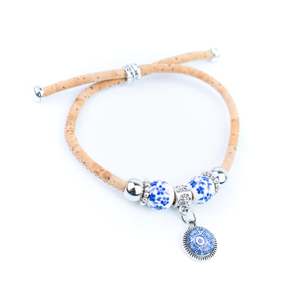 Natural Cork Bracelets with Blue Floral Beads and Round Charms – Set of 10-DBR-071-MIX-10