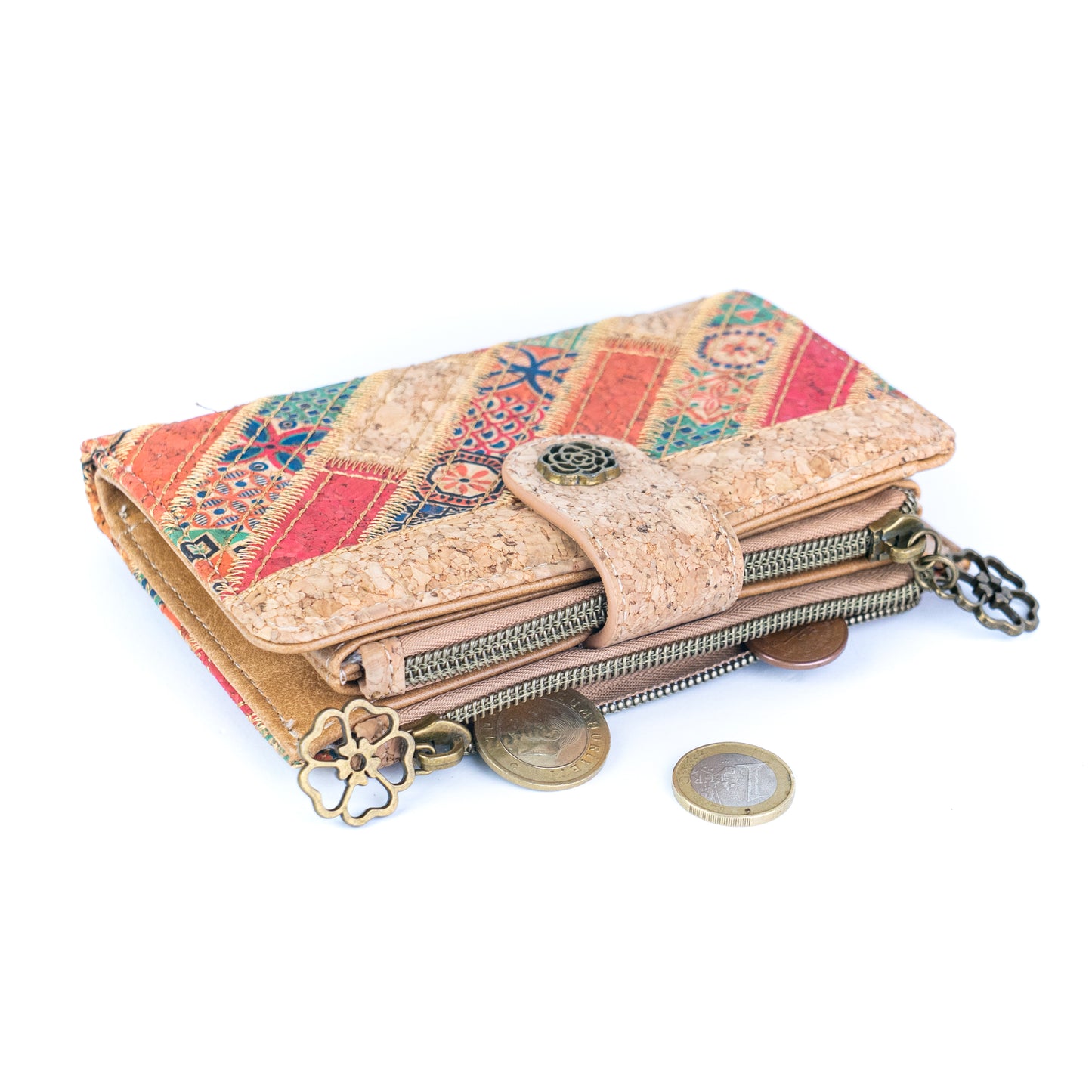 7-Pack Patchwork Cork Wallet | Boho Print, Zip & Snap Closure – BAGD-635