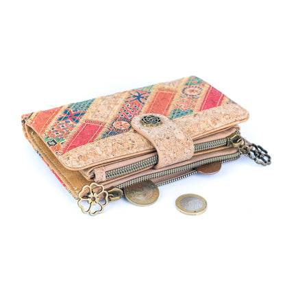 7-Pack Patchwork Cork Wallet | Boho Print, Zip & Snap Closure – BAGD-635