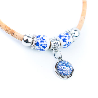 Natural Cork Bracelets with Blue Floral Beads and Round Charms – Set of 10-DBR-071-MIX-10