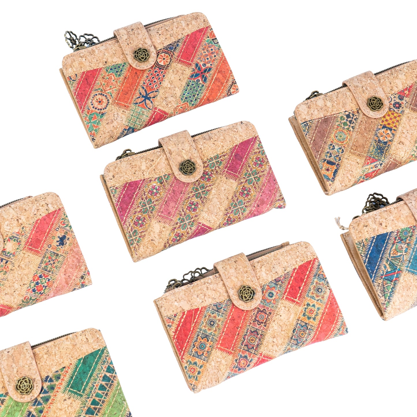 7-Pack Patchwork Cork Wallet | Boho Print, Zip & Snap Closure – BAGD-635