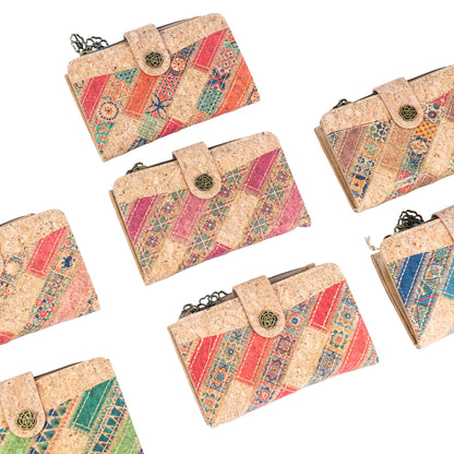 7-Pack Patchwork Cork Wallet | Boho Print, Zip & Snap Closure – BAGD-635