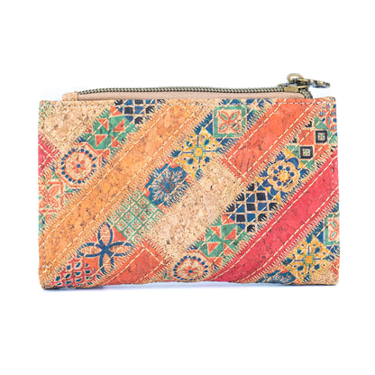 7-Pack Patchwork Cork Wallet | Boho Print, Zip & Snap Closure – BAGD-635
