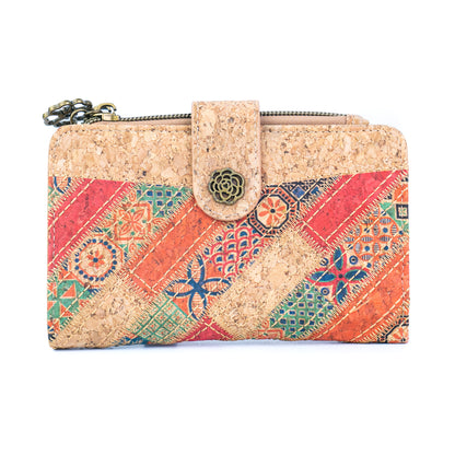 7-Pack Patchwork Cork Wallet | Boho Print, Zip & Snap Closure – BAGD-635