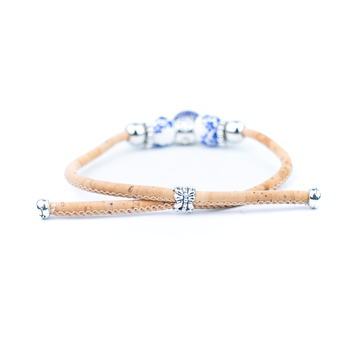 Natural Cork Bracelets with Blue Floral Beads and Round Charms – Set of 10-DBR-071-MIX-10