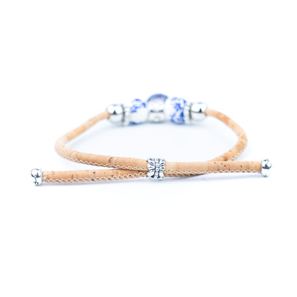 Natural Cork Bracelets with Blue Floral Beads and Round Charms – Set of 10-DBR-071-MIX-10