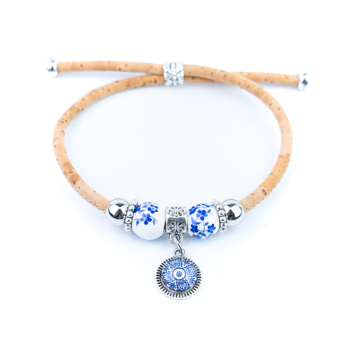 Natural Cork Bracelets with Blue Floral Beads and Round Charms – Set of 10-DBR-071-MIX-10